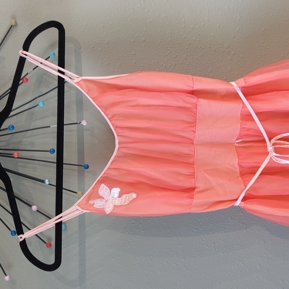 Vintage Coral Chiffon Fairycore Dress Sheer See Through Strappy Y2K Romance - Picture 2 of 15